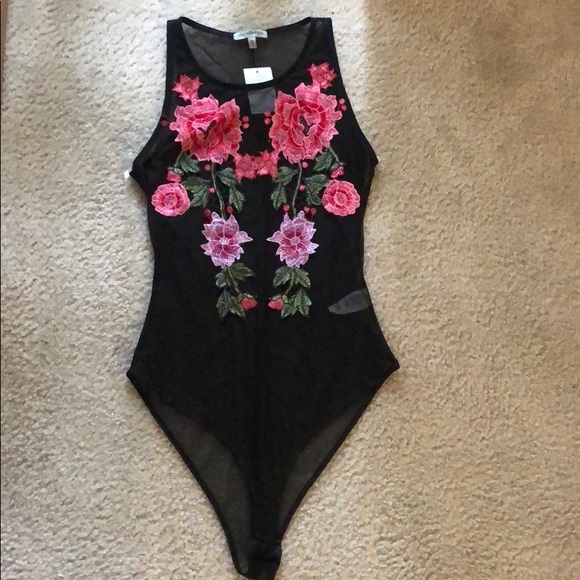 Charlotte Russe Tops - NWT Embroidered Mesh Bodysuit